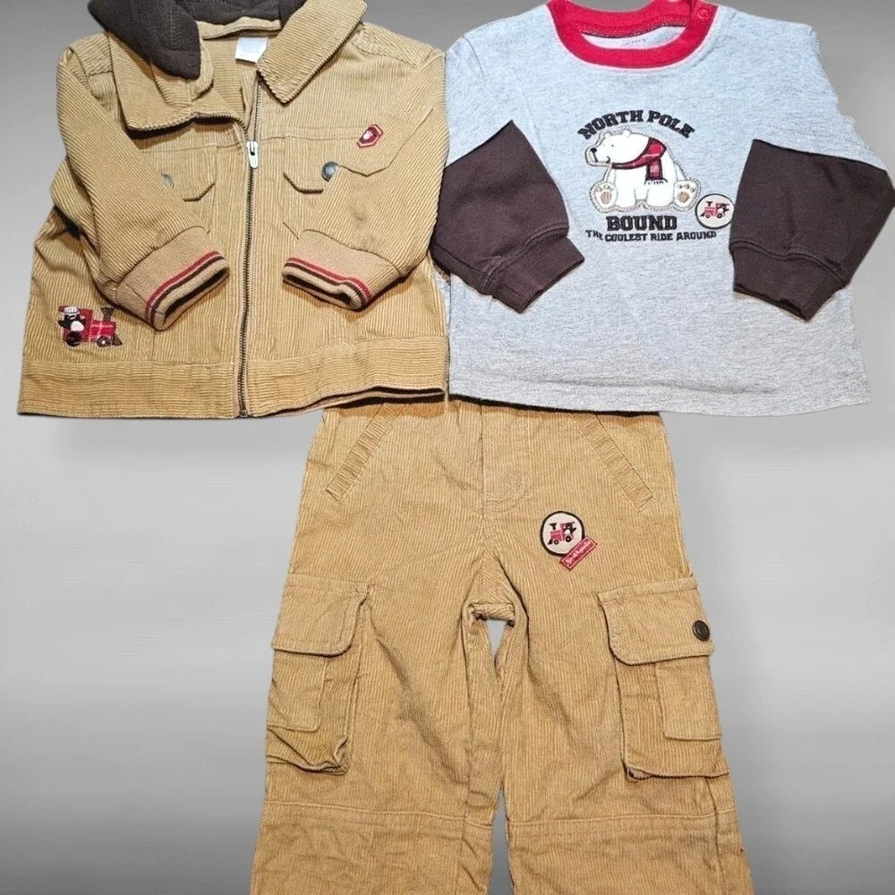 Vintage Y2K Carters Train Corduroy Pants Hooded Jacket Outfit Set Boys Tan 12M